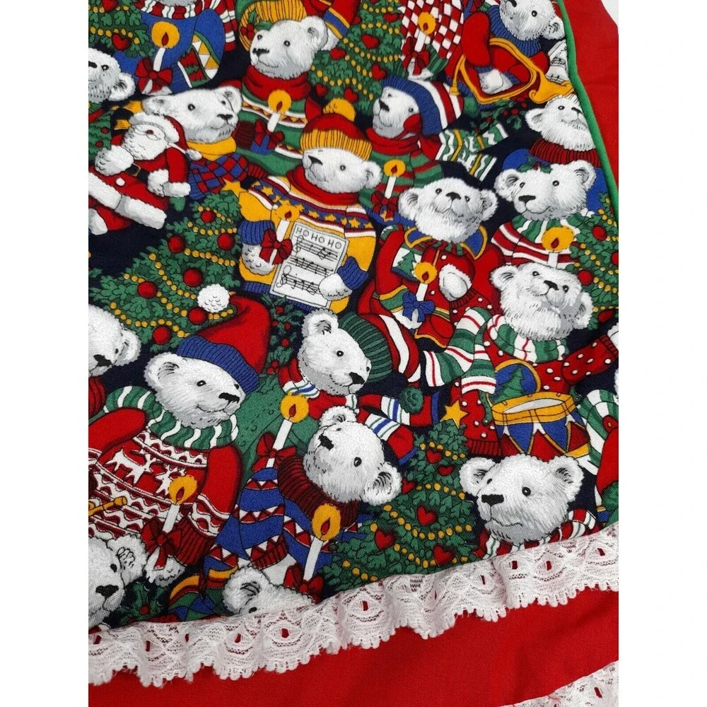 Octagonal Christmas Tree Skirt Red Teddy Bears Chorus Lace Trim Circle Handmade